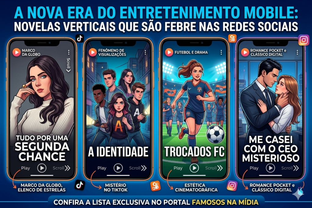 Infográfico sobre novelas verticais com quatro celulares em destaque. O primeiro mostra Jade Picon e o título 'Tudo por uma Segunda Chance'. Os outros apresentam capas ilustradas de 'A Identidade', 'Trocados FC' e 'Me Casei com o CEO Misterioso'. No topo, o texto 'A Nova Era do Entretenimento Mobile: Novelas Verticais que são febre nas redes sociais'