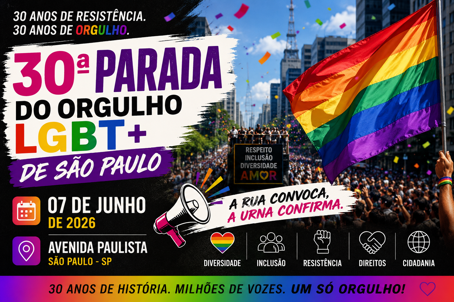 30ª Parada do Orgulho LGBT+ de São Paulo celebra três décadas de luta, diversidade e representatividade